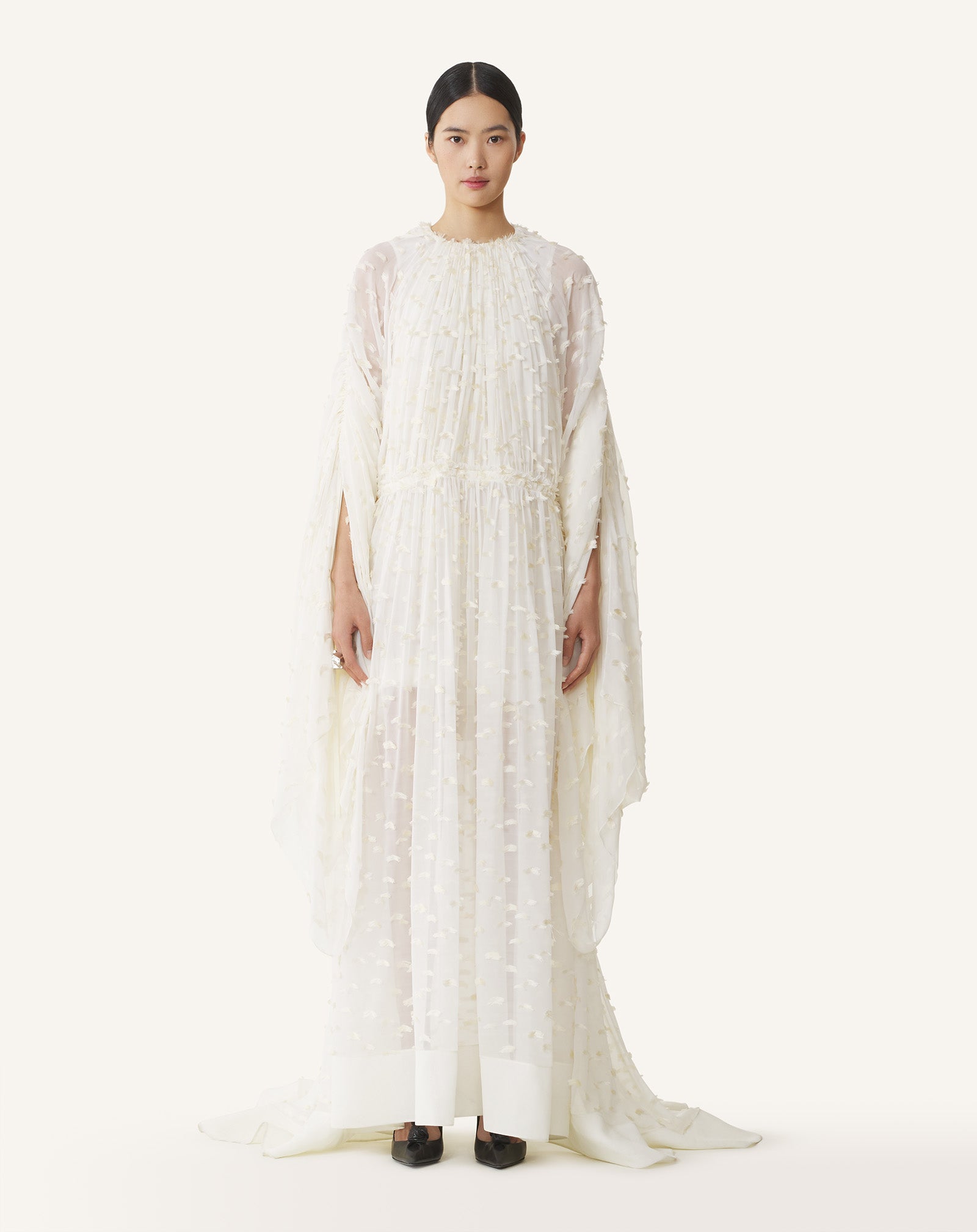 ROBE LONGUE EN SOIE À PLUMETIS BLANC