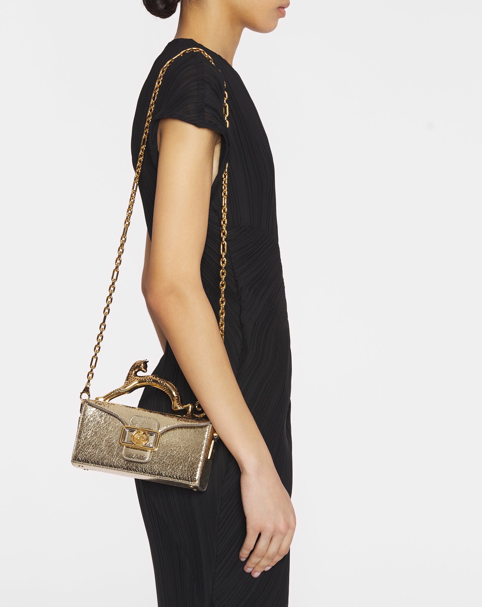 SAC PENCIL CAT NANO EN CUIR MÉTALLISÉ CRAQUELÉ RUTENIUM