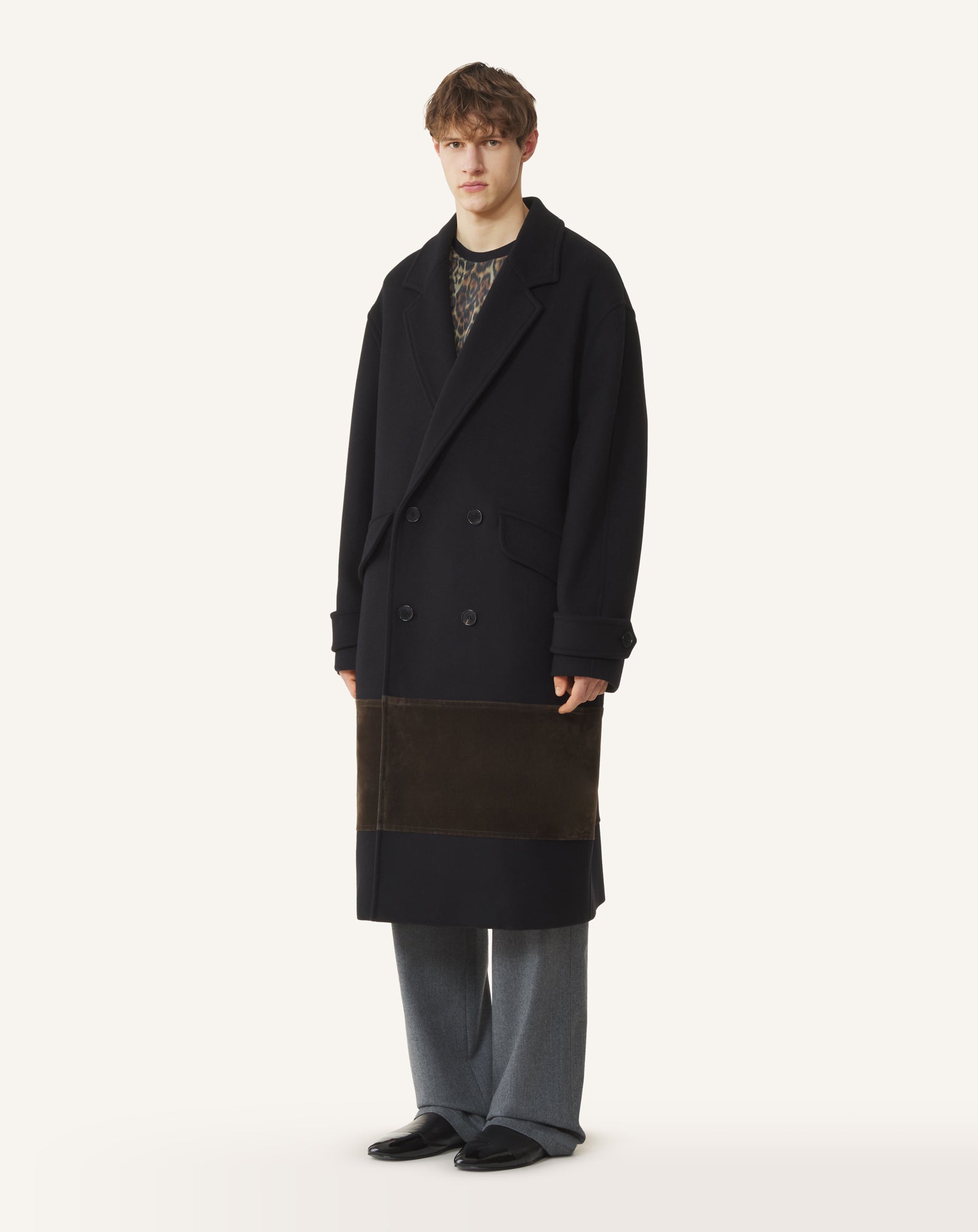 MANTEAU CROISÉ EN LAINE ET VELOURS NOIR