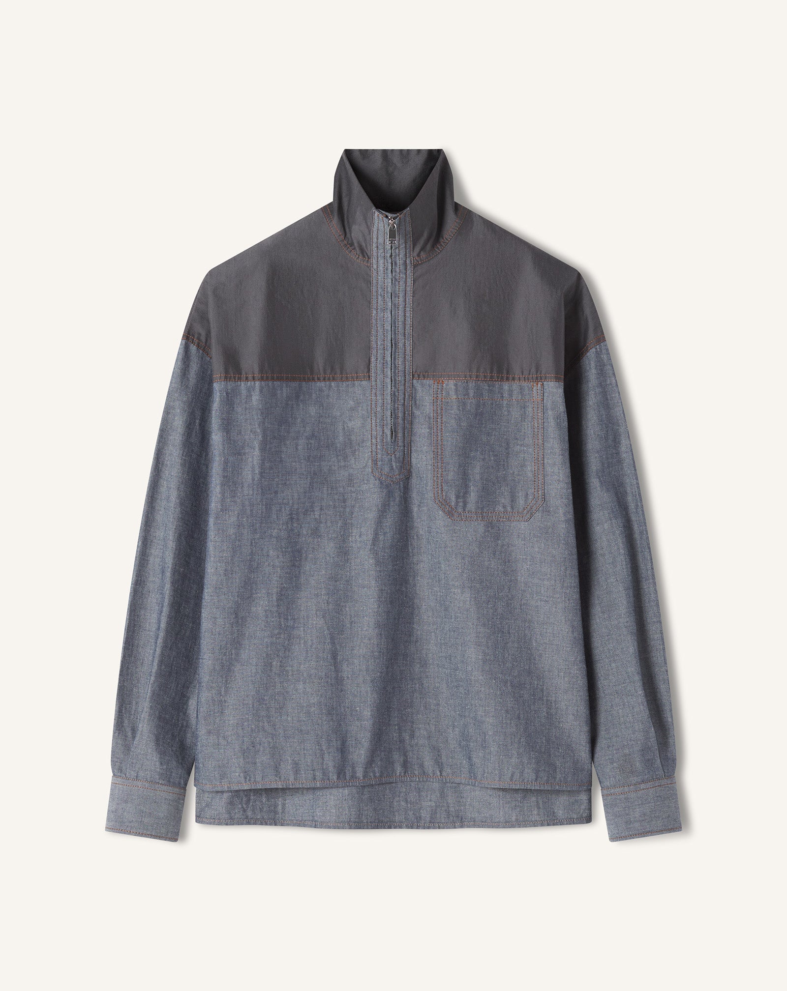 HAUT COL ZIPPÉ EN CHAMBRAY BLEU