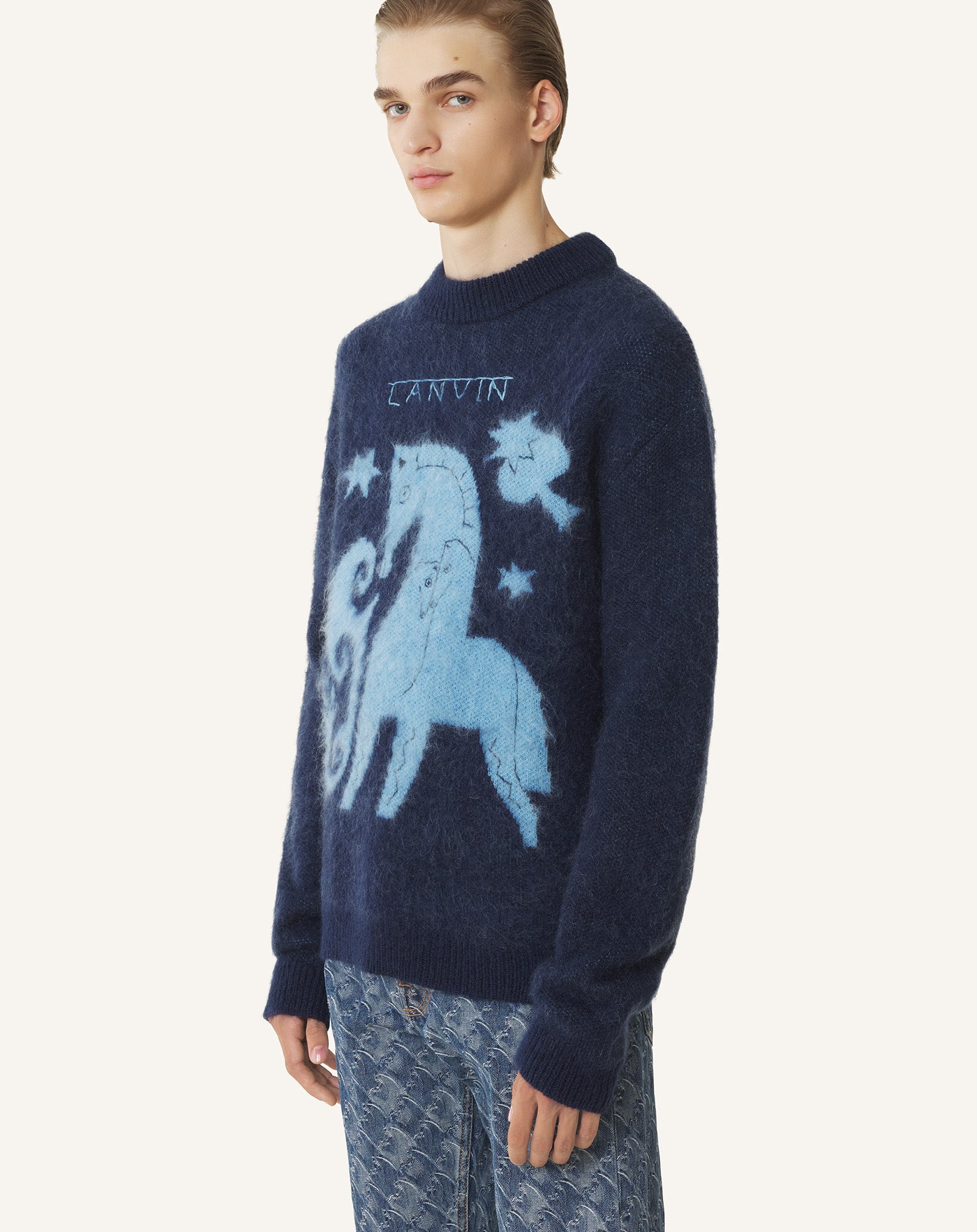 PULL EN MOHAIR JACQUARD LUNAR YEAR BLEU