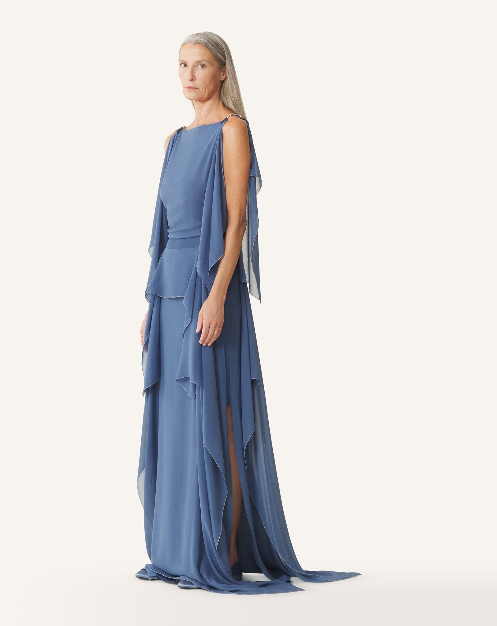 ROBE MAXI EN GEORGETTE DE SOIE BLEU