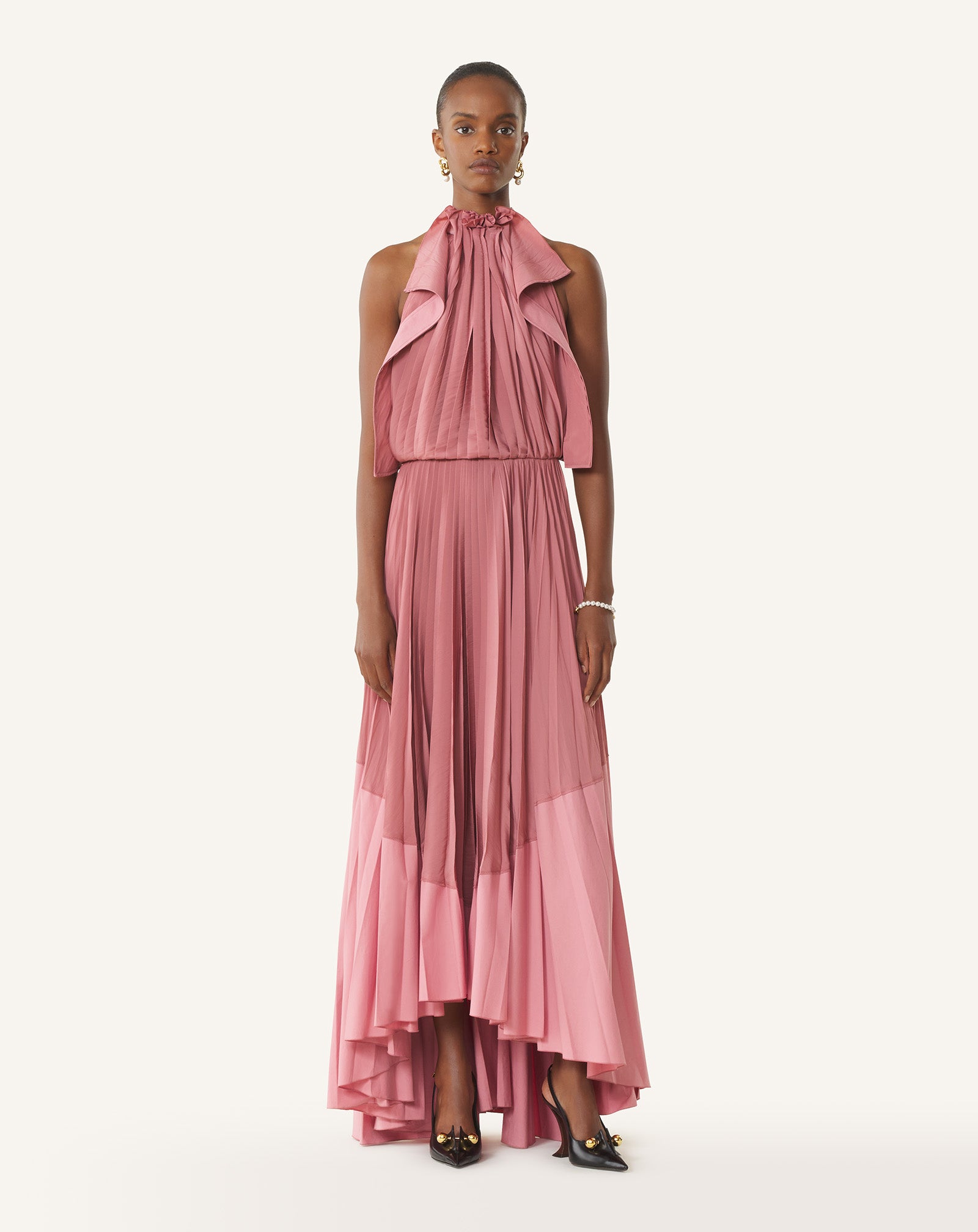 ROBE PLISSÉE EN CHARMEUSE ET COTON ROSE