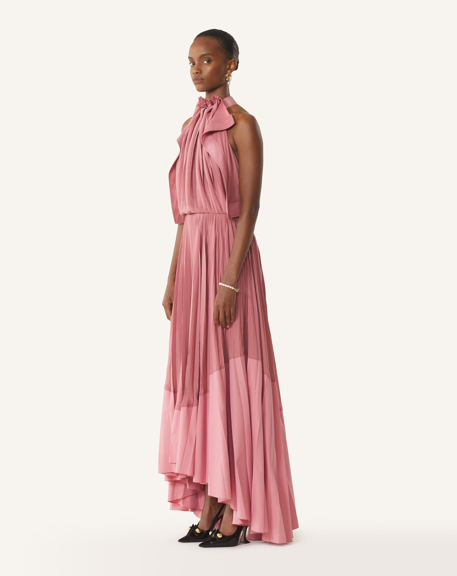 ROBE PLISSÉE EN CHARMEUSE ET COTON ROSE