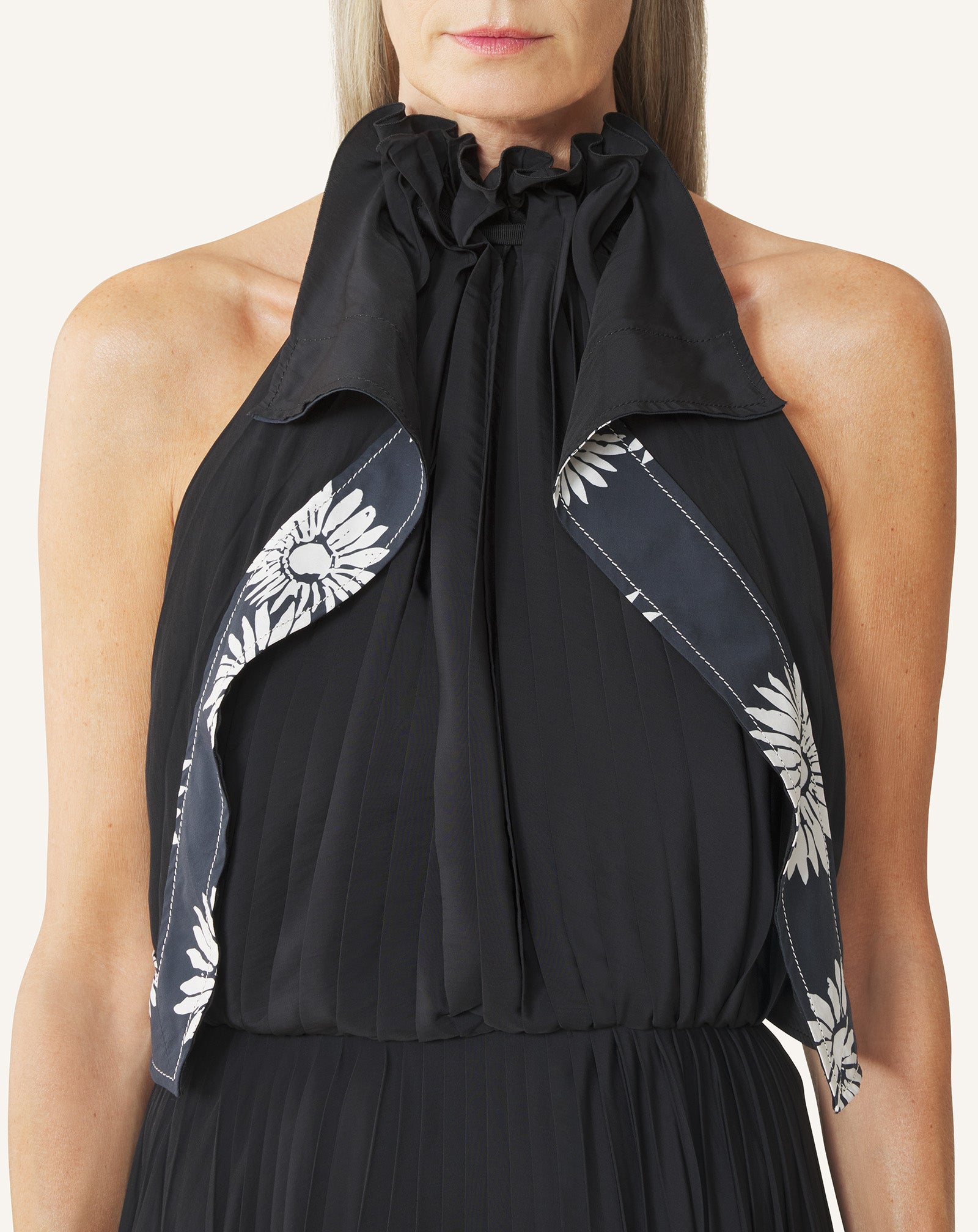 ROBE PLISSÉE EN CHARMEUSE ET COTON IMPRIMÉ NOIR