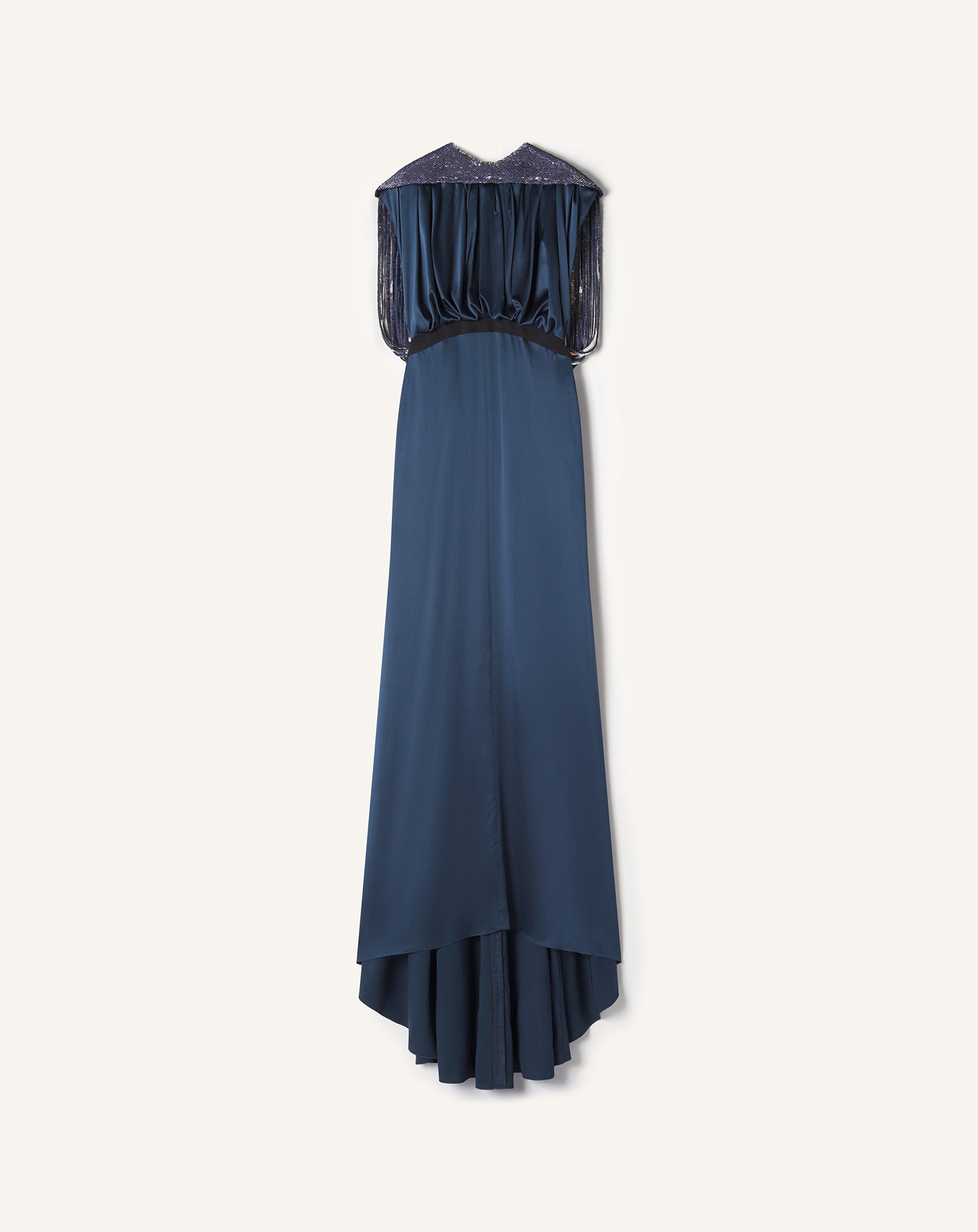 ROBE À DOS BRODÉ EN SATIN DE SOIE BLEU