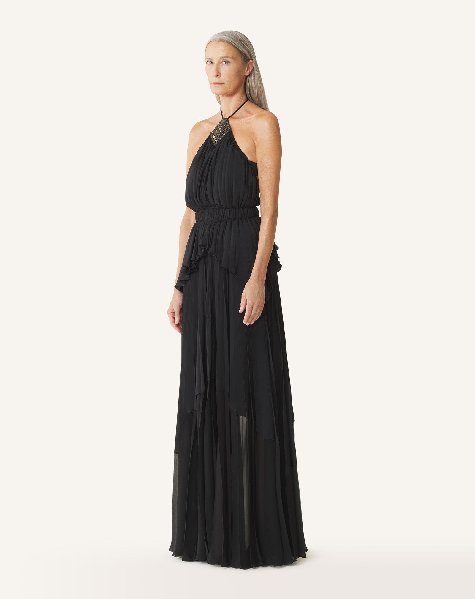 ROBE BRODÉE EN SOIE ET CHARMEUSE