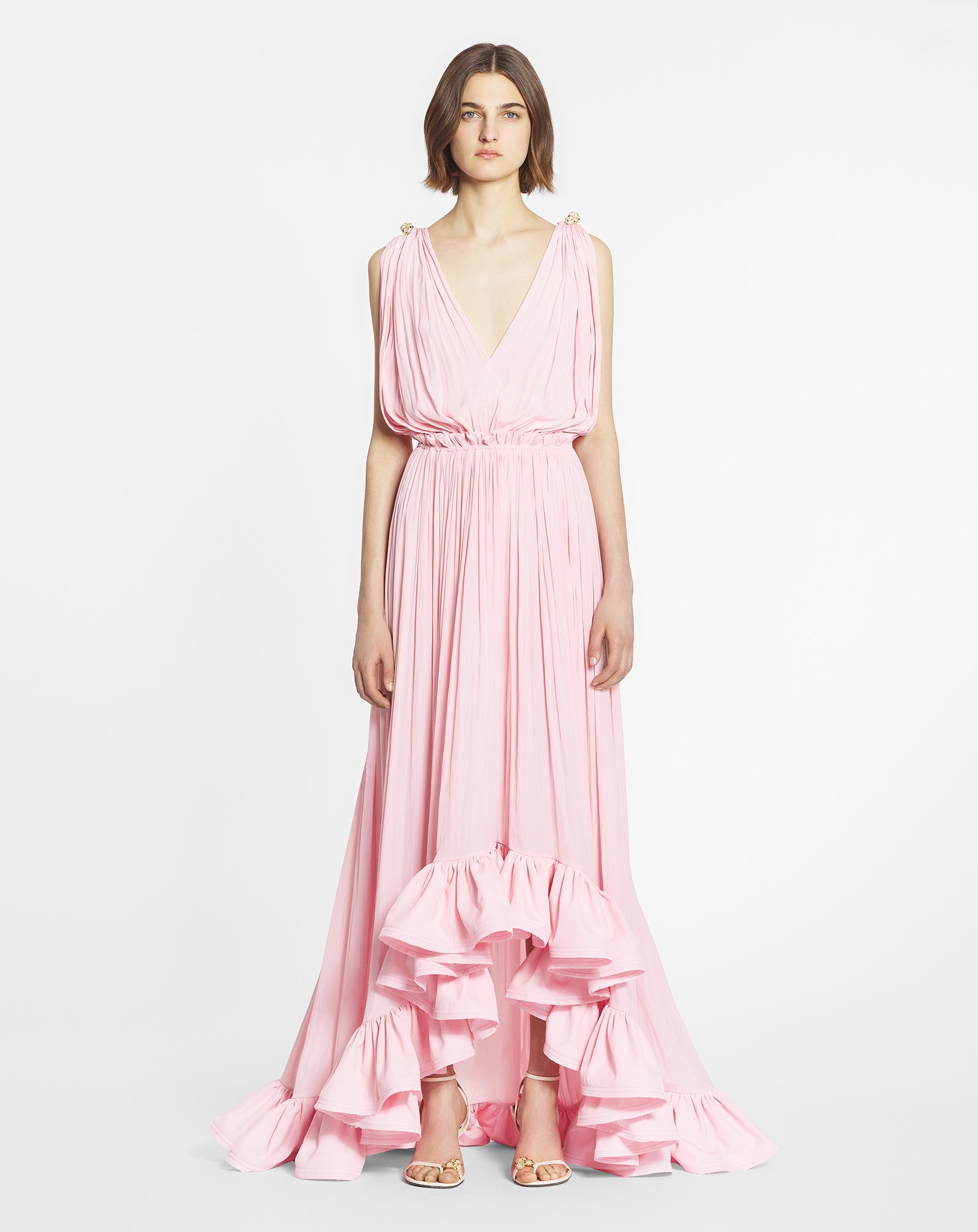 ROBE LONGUE À VOLANTS ROSE