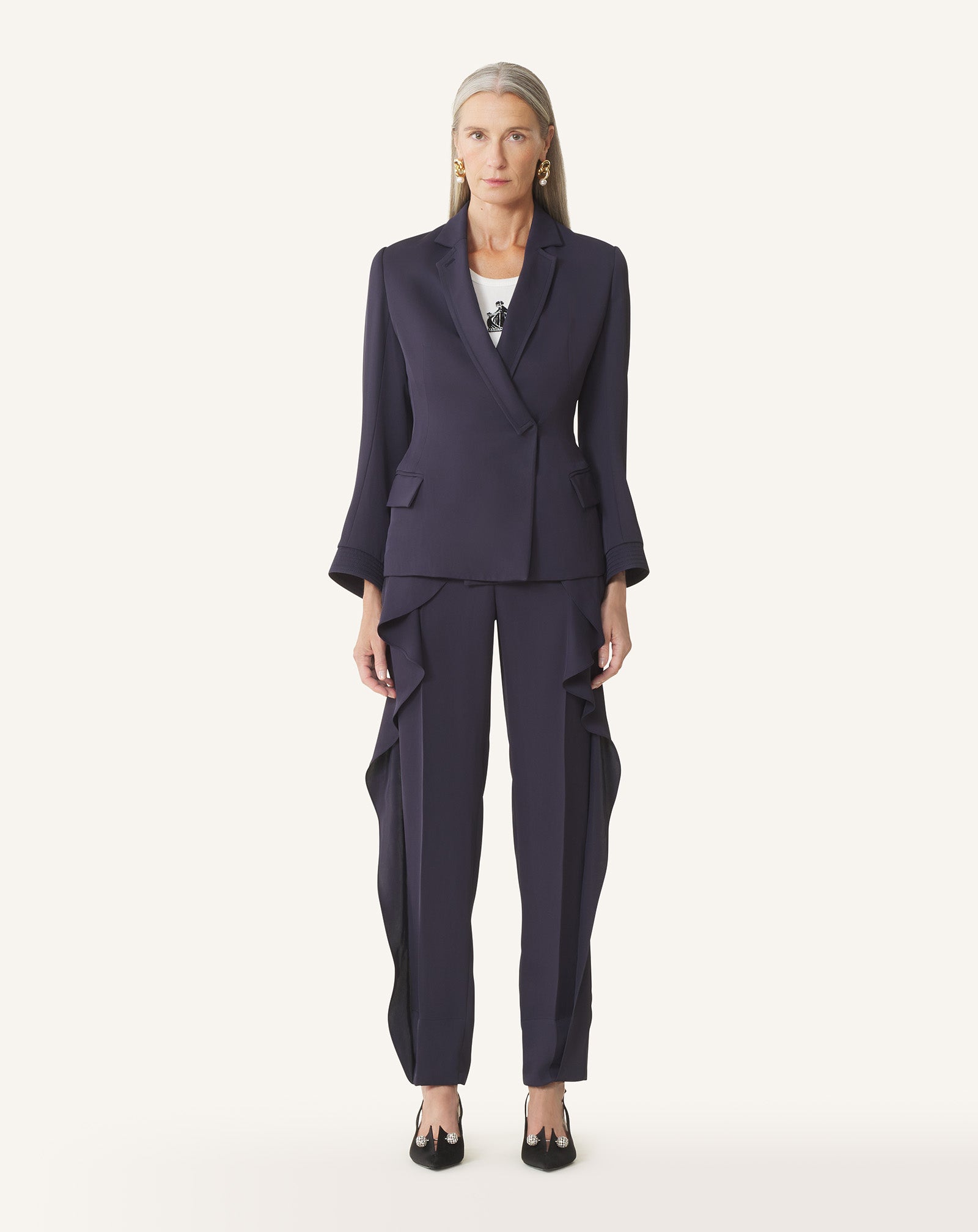 PANTALON À VOLANTS EN TWILL BLEU