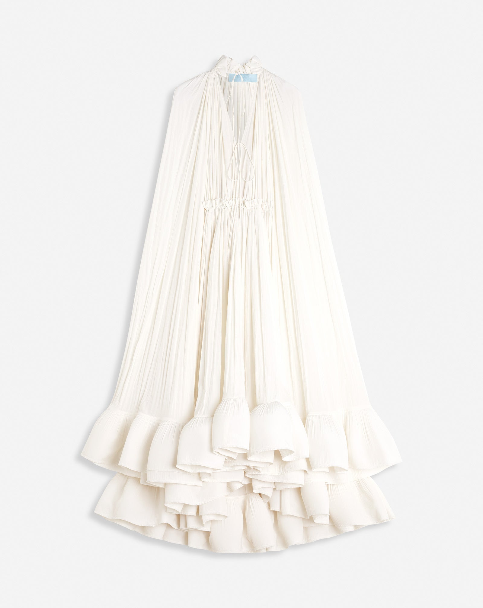 LONG RUFFLE DRESS IN CHARMEUSE, OFF WHITE